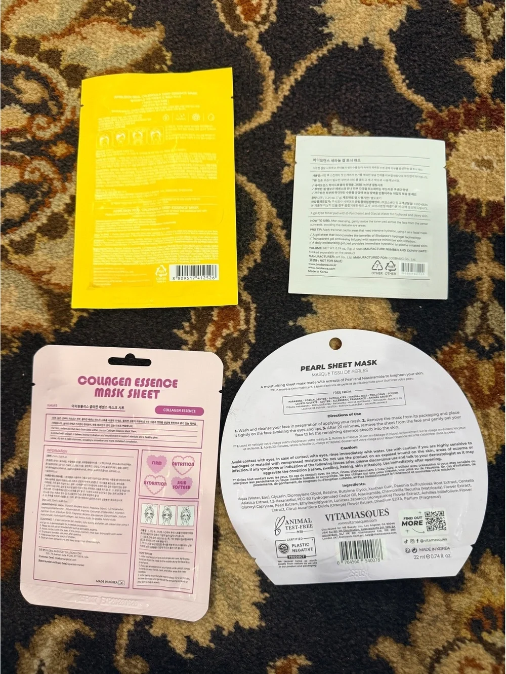 Set of 4 Korean Face Masks - Pearl Sheet Mask, Cera-Nol Gel Toner Pads, Real Cal